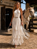 Perfect for Fall Western-Themed Weddings — Cream Fringe Halter Slim Vacation Maxi Dress(No Belt)