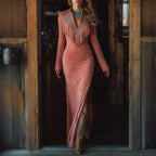 Suede Long Sleeve Fringe Dress With Embroidered V-Neck And Side Slit For Women