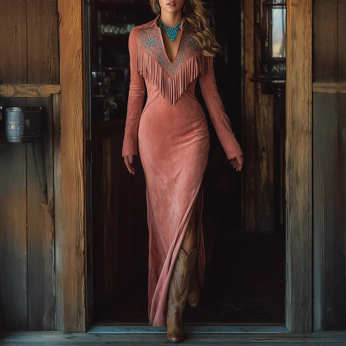 Suede Long Sleeve Fringe Dress With Embroidered V-Neck And Side Slit For Women