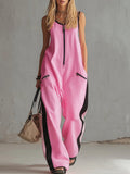 Women's Round Neck Sleeveless Casual Loose-fitting Cotton Wide-leg Jumpsuit