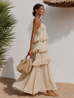 Relaxed Minimalist Solid Color Ruffled Cotton Linen Camisole Dress