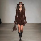 Suede Fringe Dress With Bell Sleeves And Button Front Design