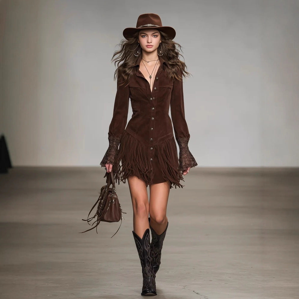 Suede Fringe Dress With Bell Sleeves And Button Front Design