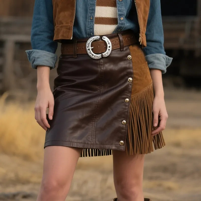 Women's Western Style Leather Suede Patchwork Skirt With Fringe