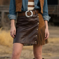 Women's Western Style Leather Suede Patchwork Skirt With Fringe