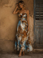 Boho Watercolor Print Chiffon Spaghetti Strap Maxi Dress