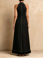 Women’s Black Halter Maxi Dress – Elegant Sleeveless Denim-Inspired Dress With Front Zipper And Contrast Stitching
