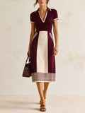 Women’s Ribbed Knit Midi Dress – Elegant Polo Collar Dress With Contrast Panel & Stripe Hem Detail