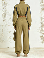 Khaki Contrast Track Set – Cropped Zip Jacket & Wide Leg Jogger Pants Activewear Set