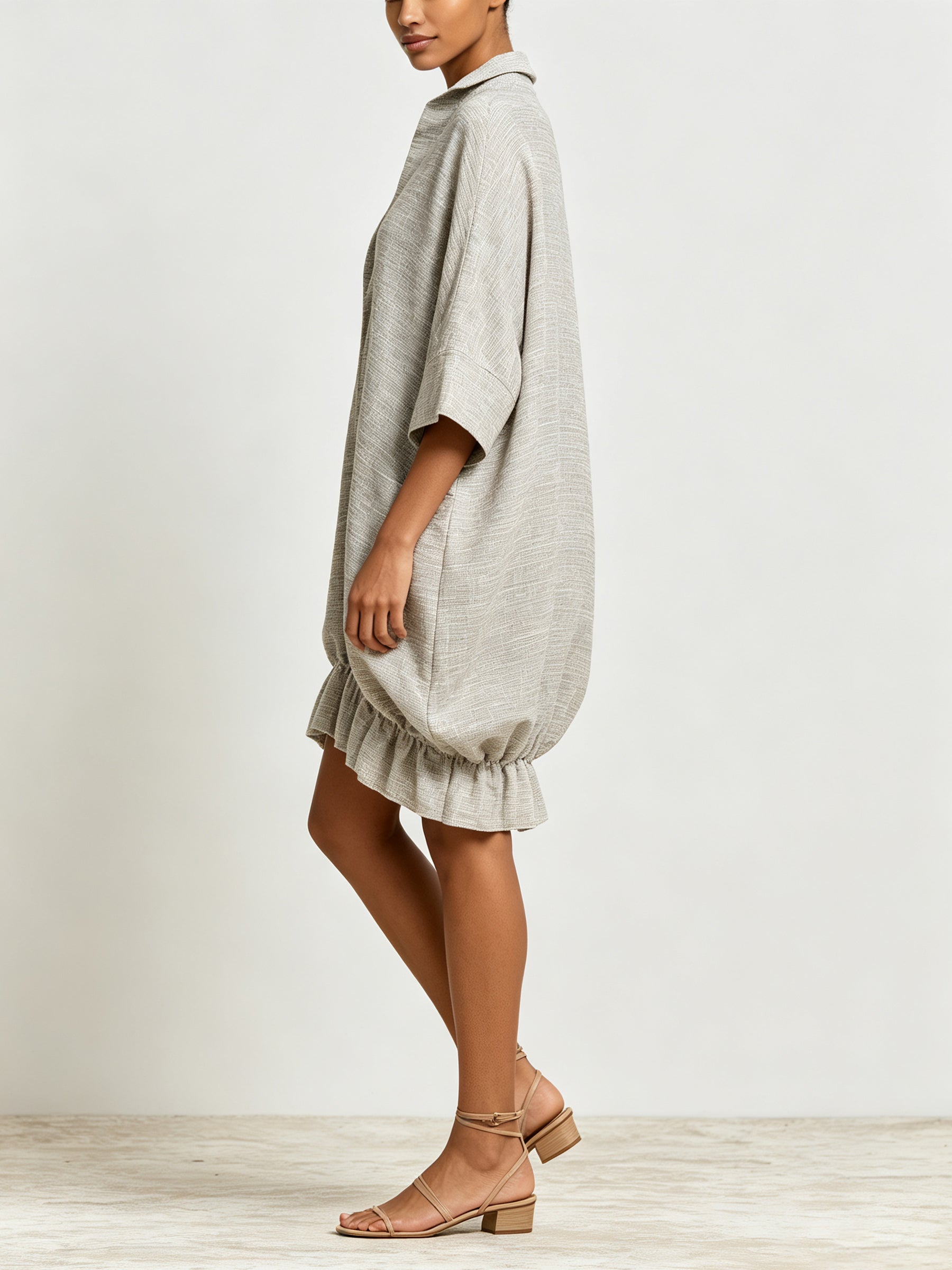 Minimalist Linen Shirt Dress – Oversized Relaxed Fit Ruffle Hem Midi Dress
