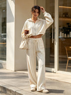 Women's Casual Luxury Lounge Set – Textured Hooded Jacket And Wide Leg Trousers
