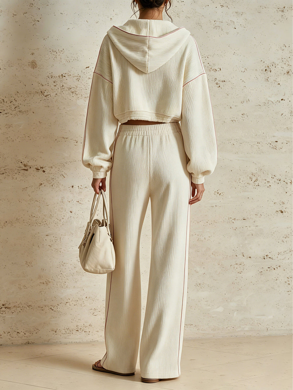 Women's Casual Luxury Lounge Set – Textured Hooded Jacket And Wide Leg Trousers