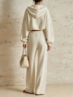 Women's Casual Luxury Lounge Set – Textured Hooded Jacket And Wide Leg Trousers