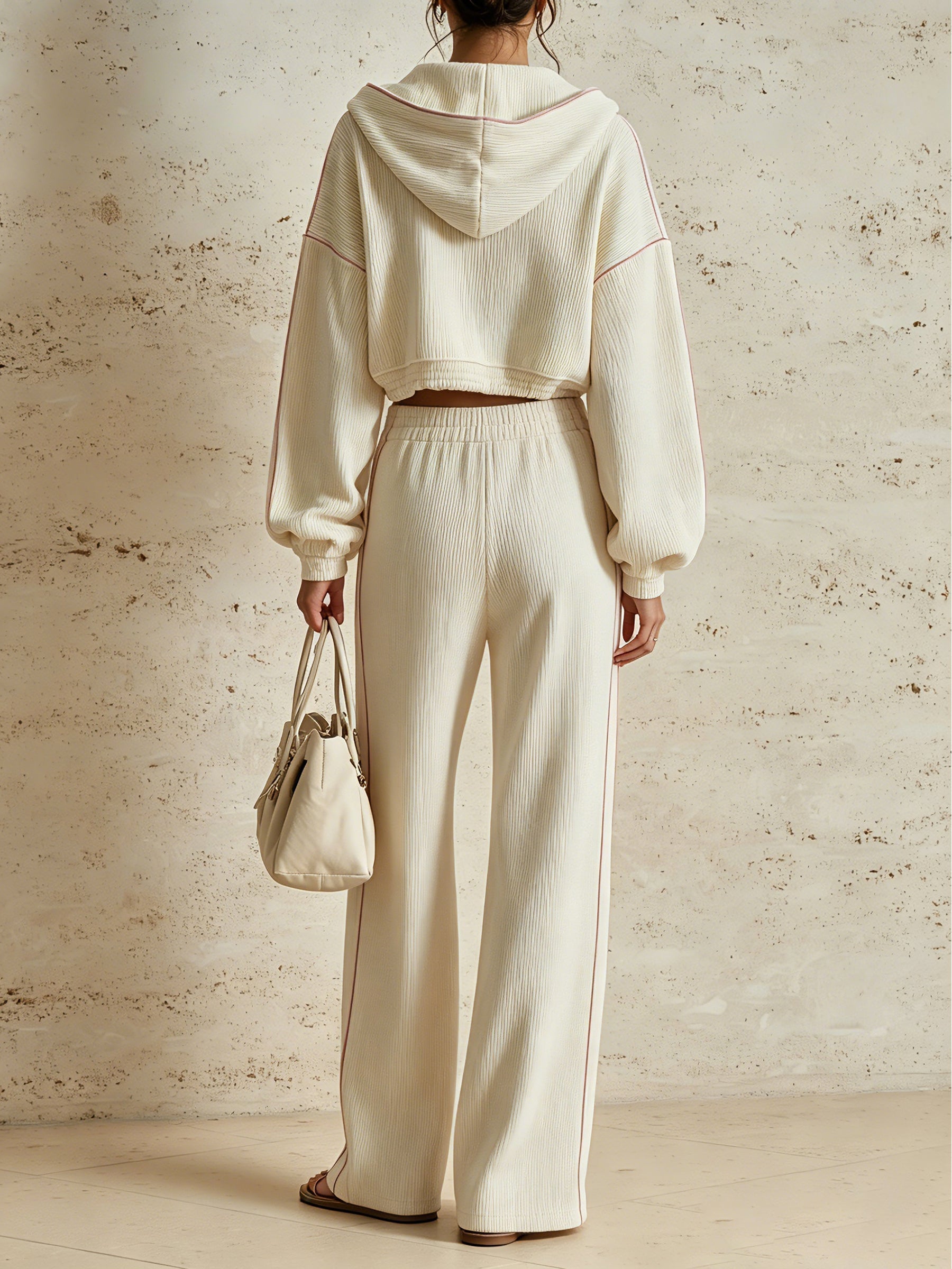 Women's Casual Luxury Lounge Set – Textured Hooded Jacket And Wide Leg Trousers