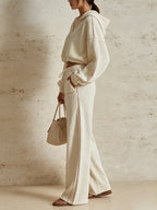 Women's Casual Luxury Lounge Set – Textured Hooded Jacket And Wide Leg Trousers