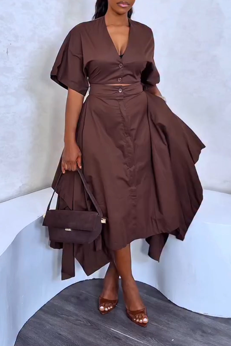 Women's V-neck Top+ Irregular Half Skirt Solid Color Elegant Casual Set
