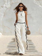Vacation-Style Crew Neck Sleeveless Top And Pants Set