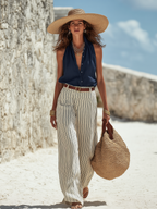 Vacation-style Dark Blue Sleeveless Shirt And Striped Wide-leg Trousers Set
