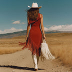 Spring Outfits Western Retro Red Faux Suede Tassel Off-Shoulder Midi Dress