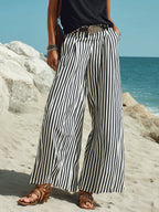 Casual Vacation Black Cotton Linen Sleeveless Vest And Black And White Vertical Striped Wide-Leg Pants Set