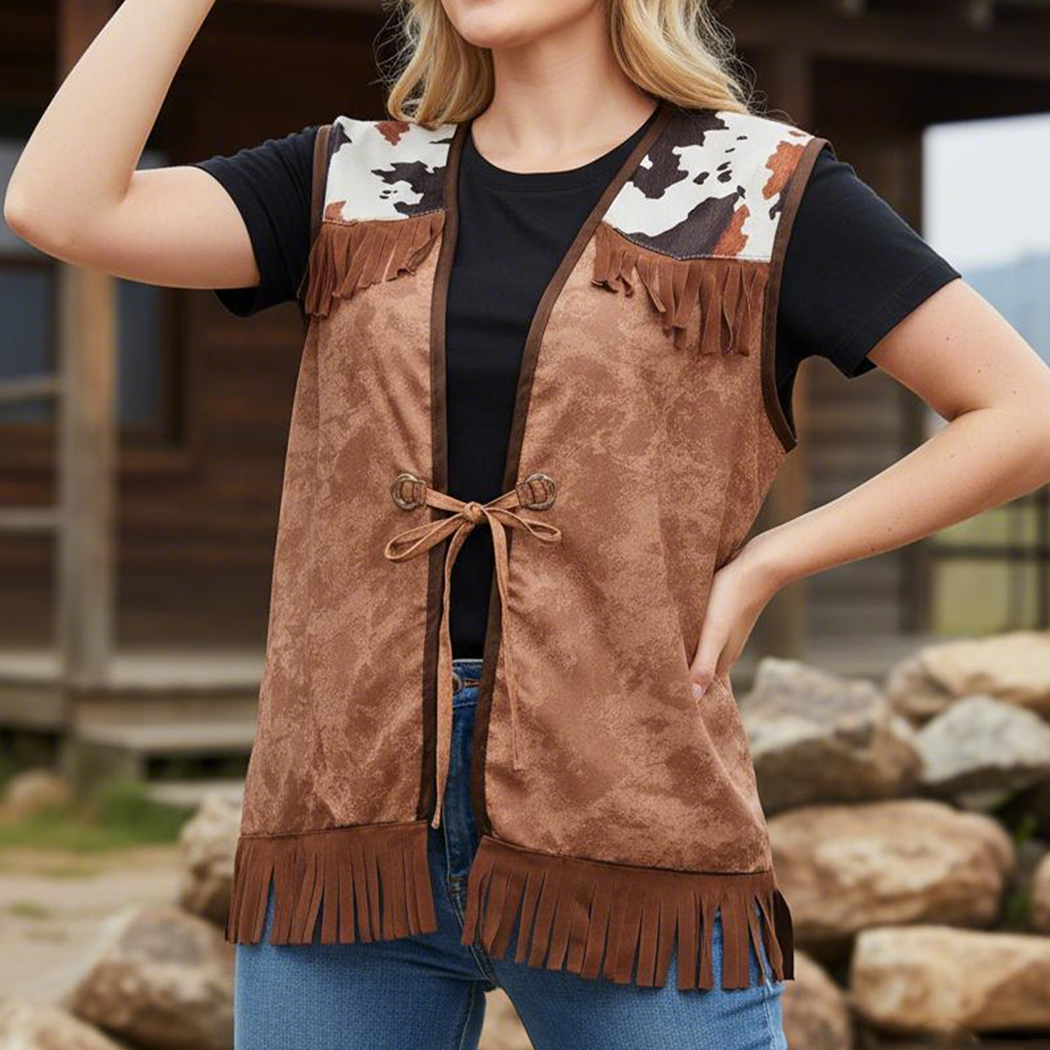 Women's Vintage Western Style Fringed Vest With Cow Print Collar