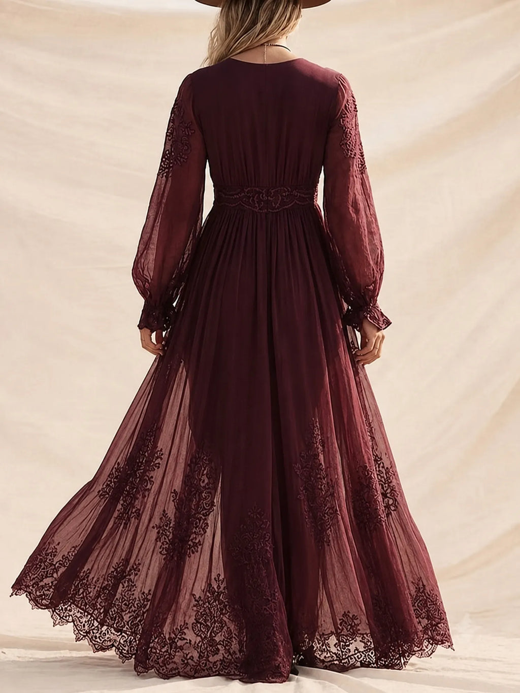 Ideal For Western Wedding Or Road Trip — Burgundy Embroidered Lace V-Neck Chiffon Boho Long Sleeve Maxi Dress