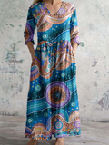 Women's V-Neck Abstract Art Geometric Pattern Cotton And Linen Dress With Pockets