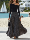 Vacation-style One-shoulder Long-sleeved Polka Dot Maxi Dress
