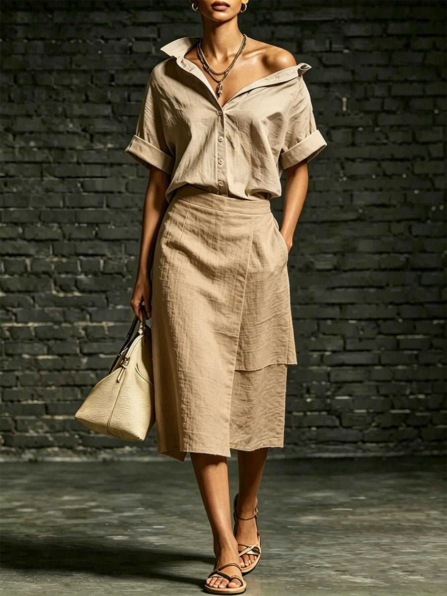 Women's Solid-color Casual Lapel Short-sleeve Shirt And Skirt Set