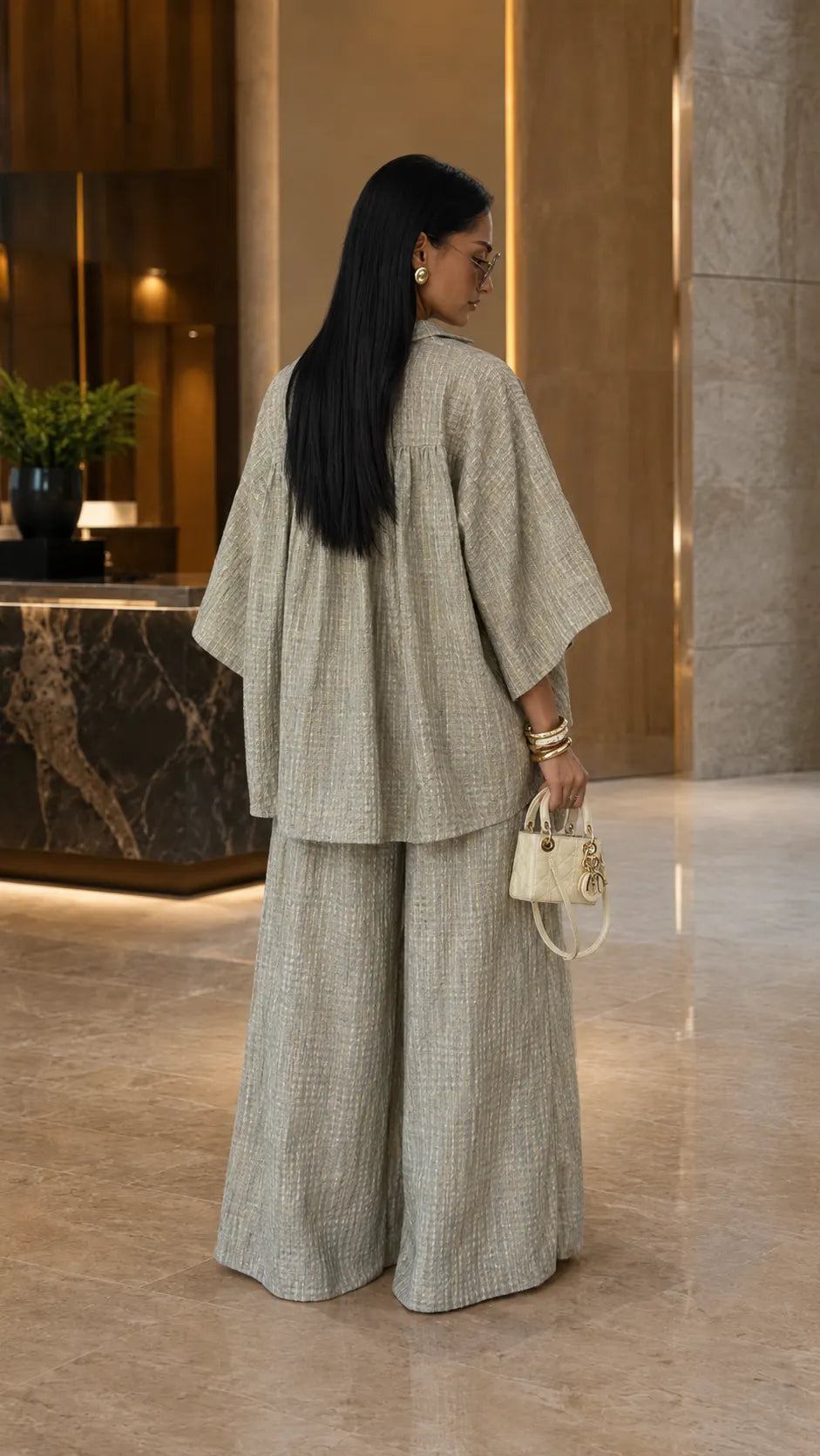 Textured Button-Up Cover-Up Set - Oversized Kimono Sleeve Top & Wide Leg Pants Co-ord