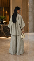 Textured Button-Up Cover-Up Set - Oversized Kimono Sleeve Top & Wide Leg Pants Co-ord