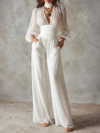 High Neck Puff Cuff Sleeve Smocked Waist Pocket Wide Leg Crinkled Chiffon Jumpsuit