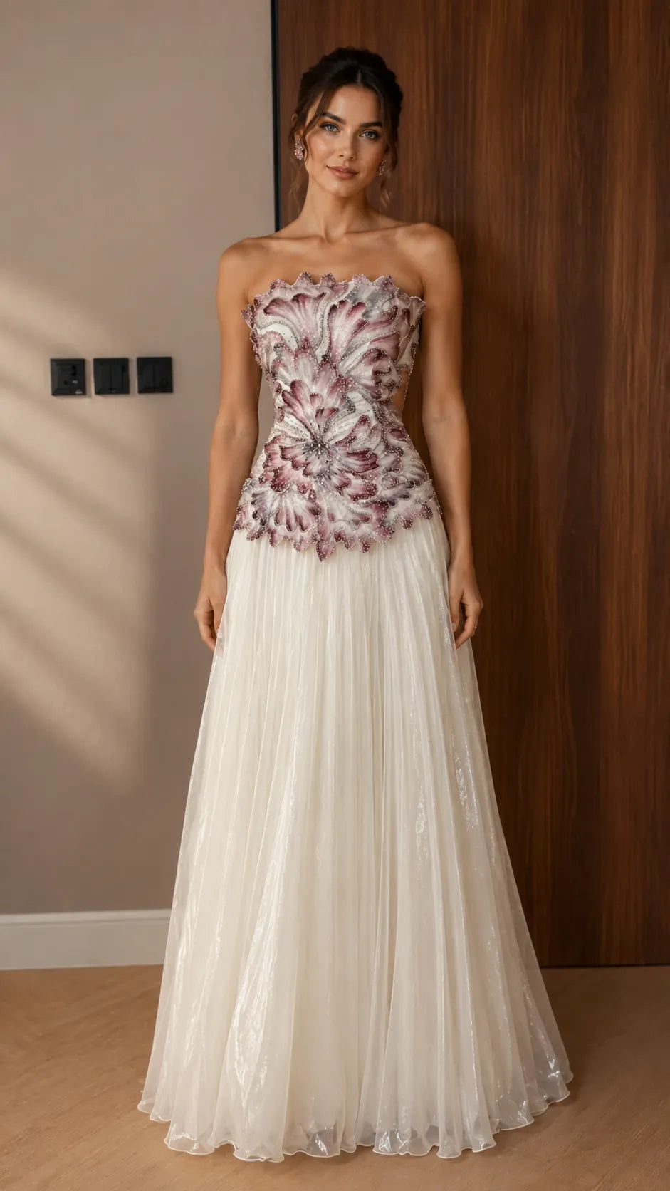 Strapless Appliqué Tulle Evening Gown - Pleated A-Line Formal Maxi Dress