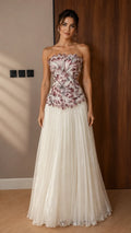 Strapless Appliqué Tulle Evening Gown - Pleated A-Line Formal Maxi Dress