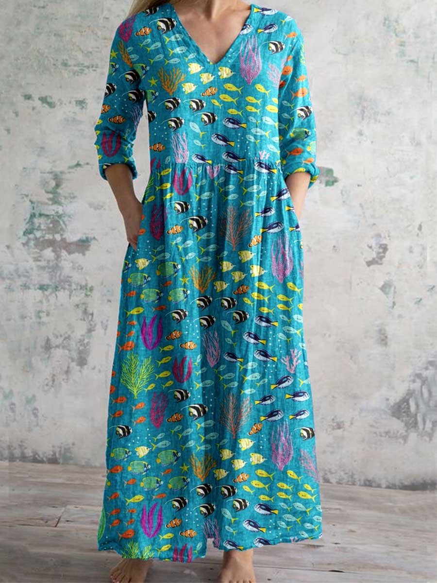 Damen V-Ausschnitt Unterwasserwelt-Muster Baumwoll-Leinen-Kleid mit Taschen
