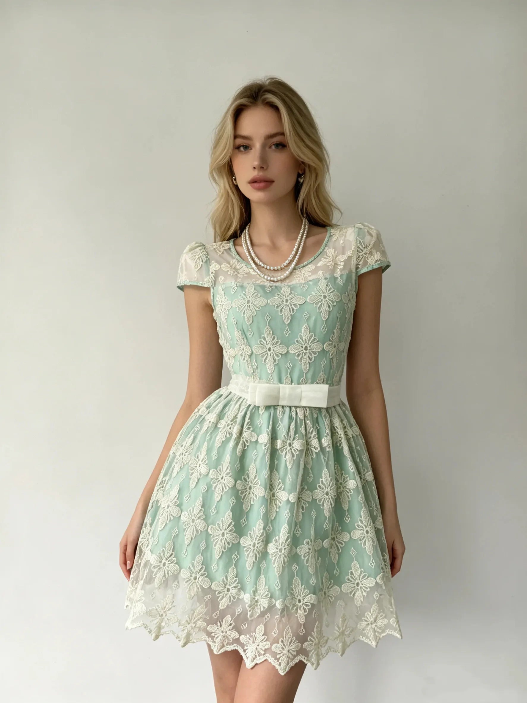 Vintage-style light green soft lace bow dress