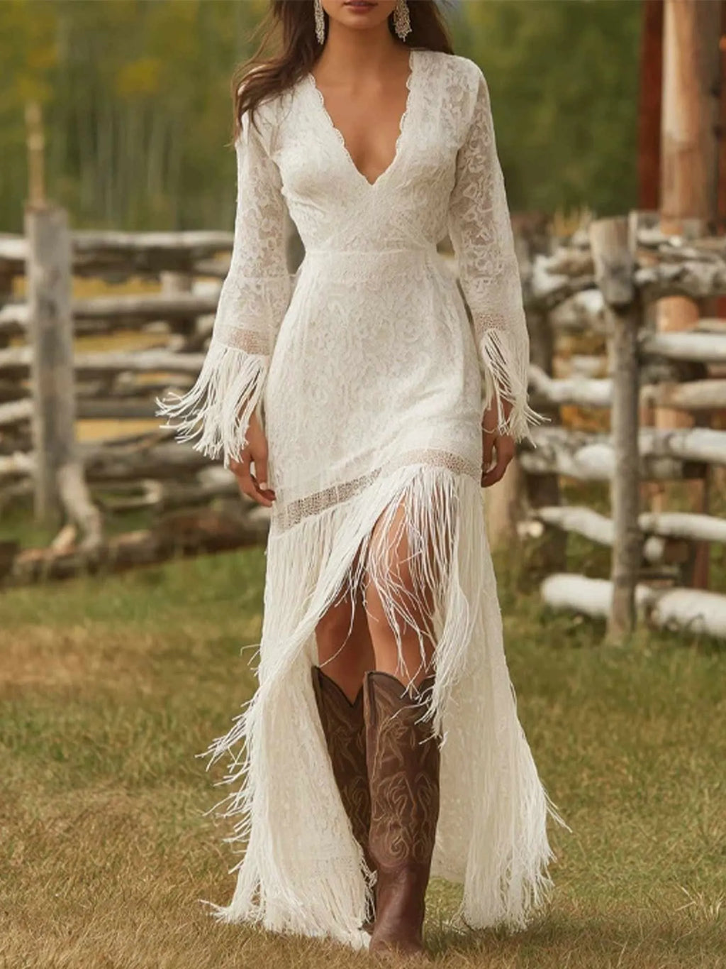 Women's Western Bohemian Style Vintage White Lace V-Neck Long-Sleeved Dress With Tassels And A High-Low Hem