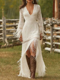 Women's Western Bohemian Style Vintage White Lace V-Neck Long-Sleeved Dress With Tassels And A High-Low Hem