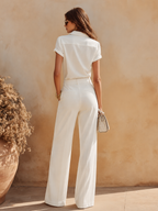 Elegant And Sophisticated Solid Color Short-sleeved Shirt And Flared Trousers Set