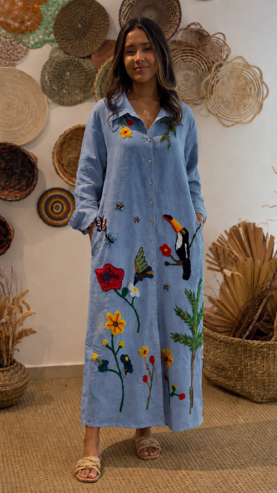 Boho Embroidered Oversized Shirt Dress - Long Sleeve Button Down Maxi Dress with Tropical Bird & Floral Print