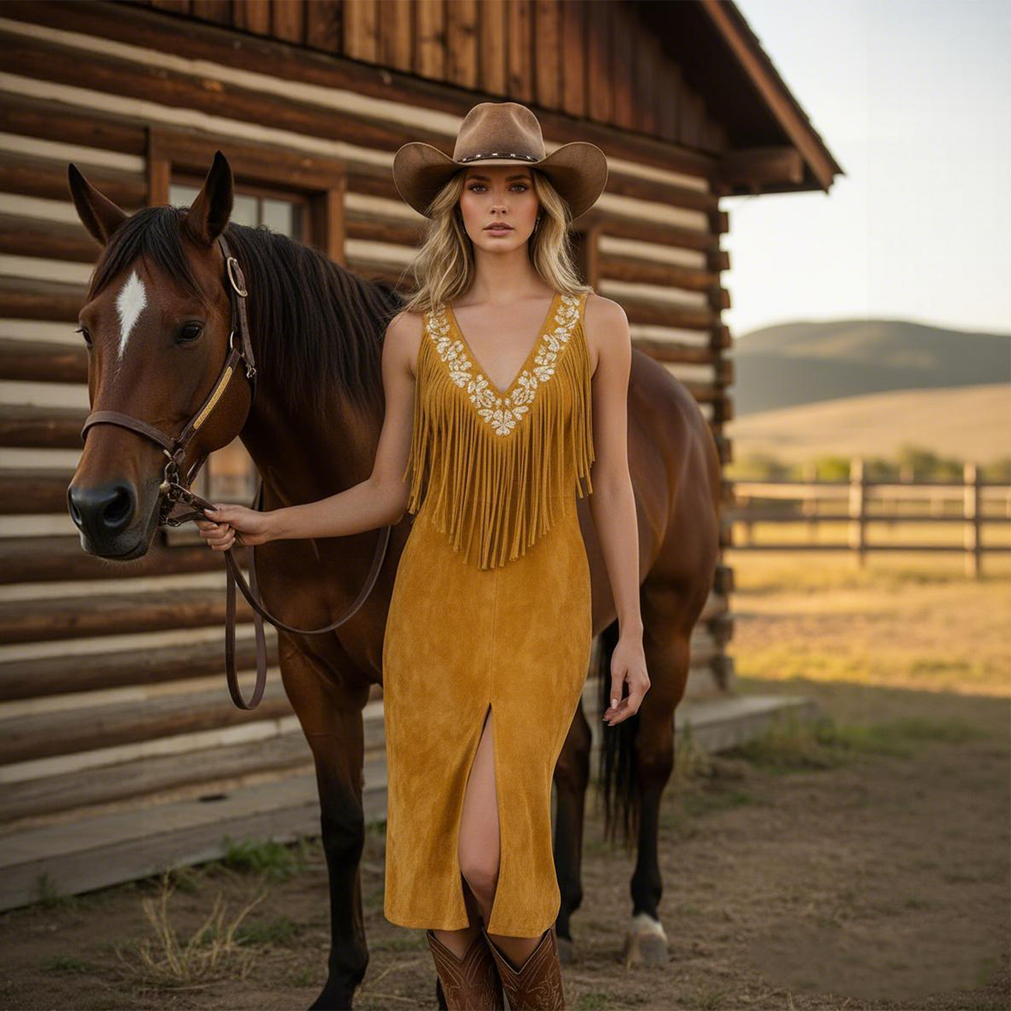 Women's Vintage Western Elegance: Fringed Dress