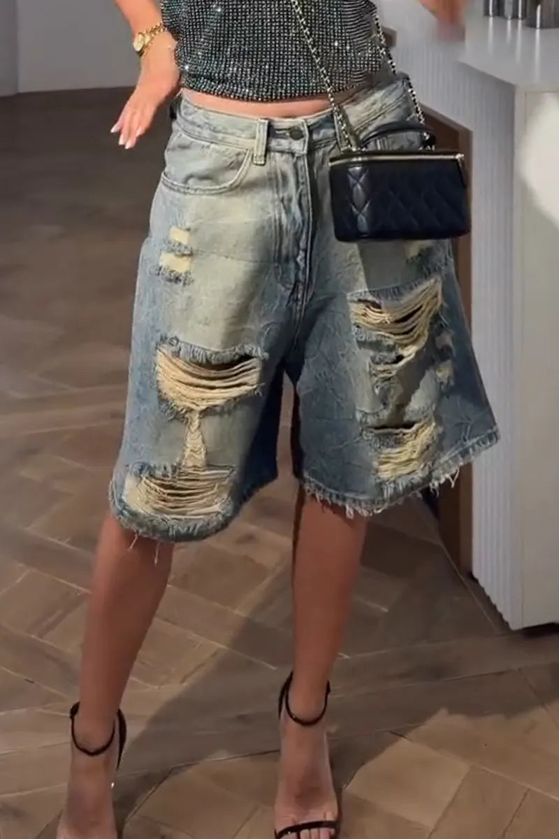Women's Hot Stamping Rhinestones Vest or Ripped Scratch Washed Denim Shorts
