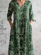 Women's V Neck Angel Floral Pattern Cotton and Linen Dress with Pockets