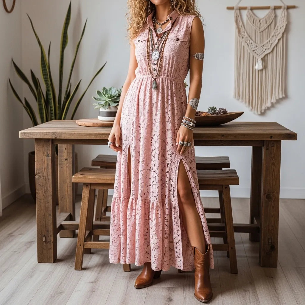 Women's Spring/Summer Bohemian-Style Dress — Pink Water-Soluble Lace, Stand Collar, Button Accents, And Side Slits