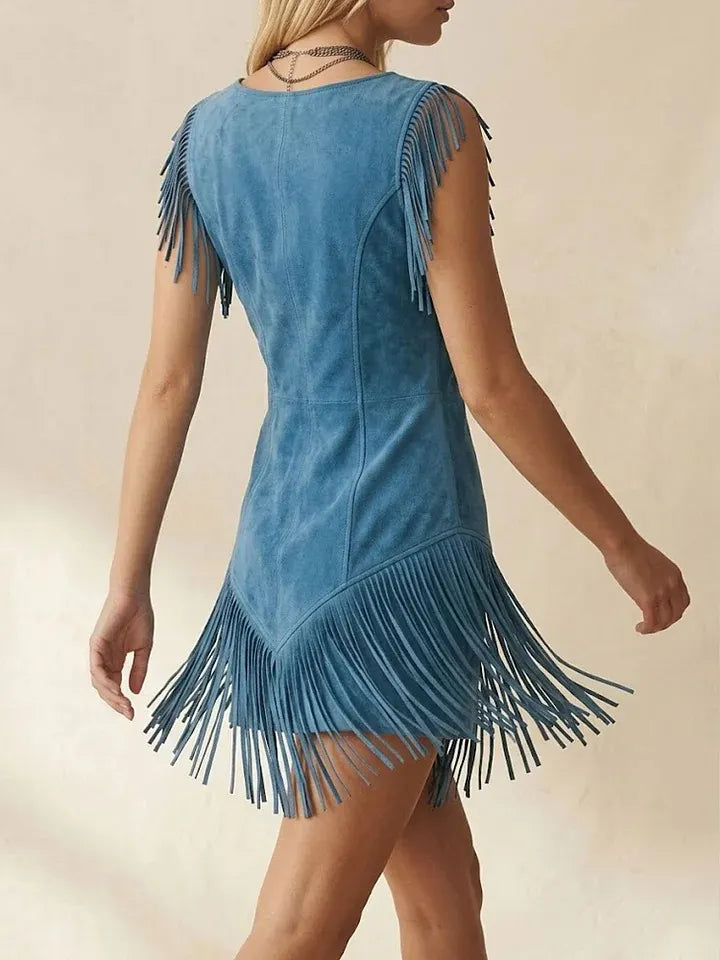 Suede Fringe Mini Dress With Button Front And Sleeveless Design