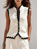Resort-style Sleeveless Top With Wavy Hem And Linen Trousers Set