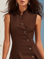 Elegant Stand-up Collar Diagonal Placket Solid Color Mini Dress