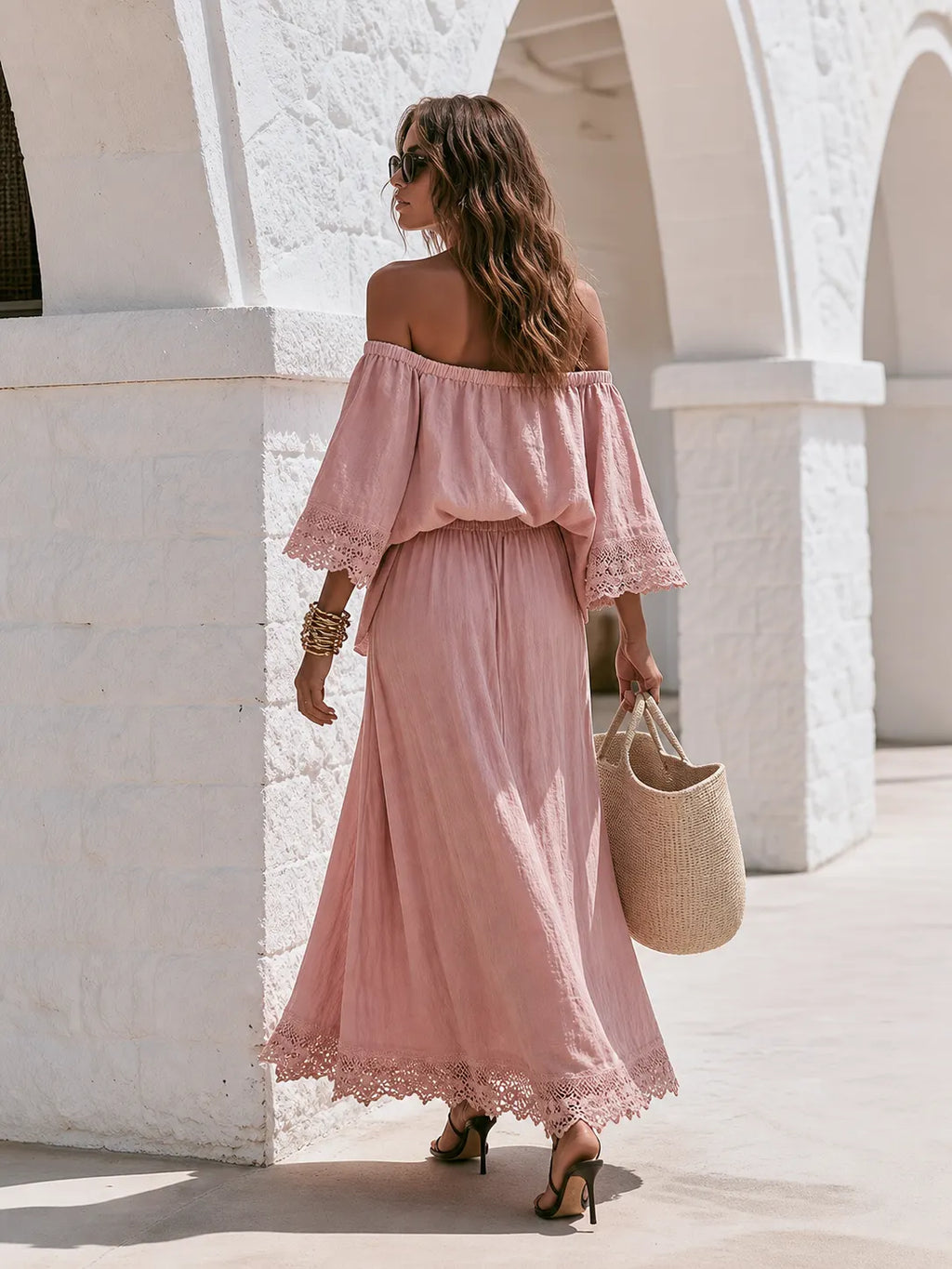 Bohemian Off-shoulder Lace-trimmed Three-quarter Sleeve Top And Skirt Cotton-linen Set