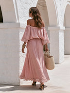 Bohemian Off-shoulder Lace-trimmed Three-quarter Sleeve Top And Skirt Cotton-linen Set