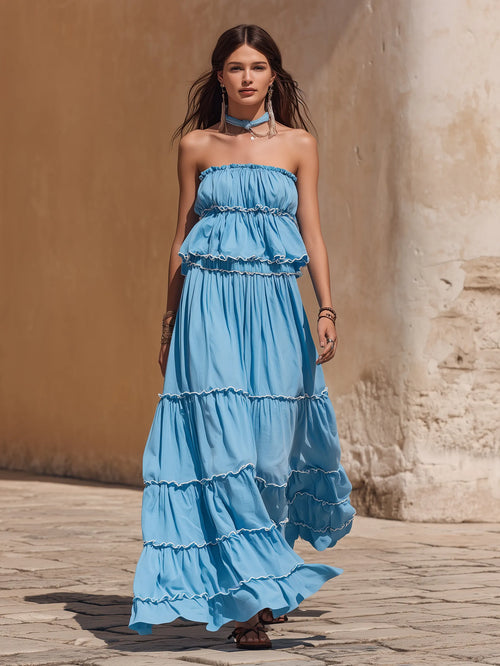Capri Vibe Bright Blue Strapless Ruffle Tiered Top And Tiered Maxi Skirt Set